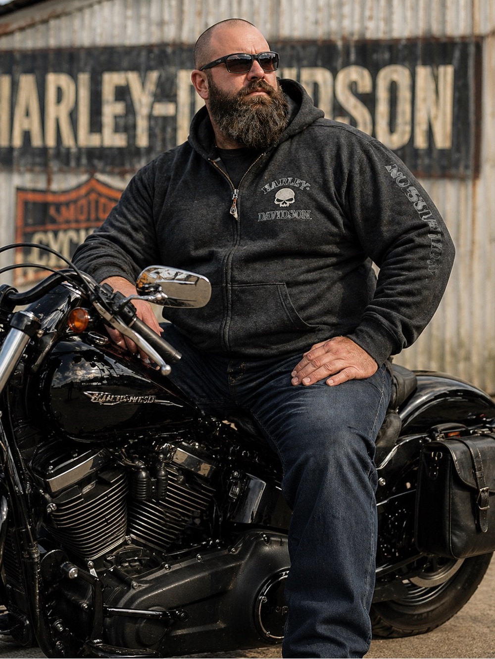 Oversized Harley Davidson Skull Zip Hoodie Gray Biker Spellout Sleeve XXL